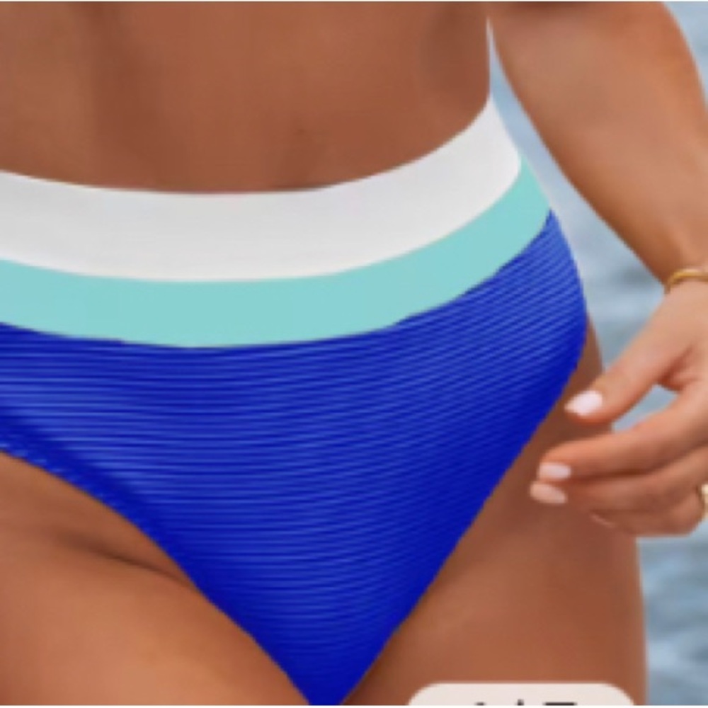 Cupshe Woman’s Blue and White Color-Block Banded High Waisted Bikini Bottom Sz M